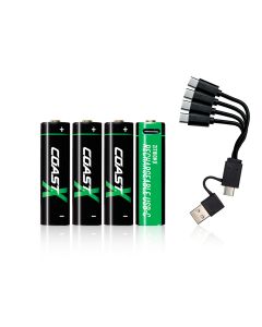 Coast AA USB-C uudelleen ladattavat paristot 1.5V 2400 mAh  (4 kpl) sisältäen latauskaapelin.