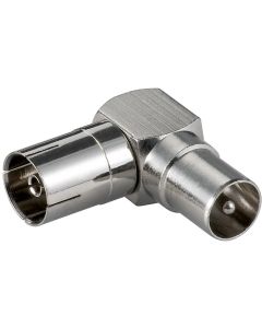 Kulmaliitin: koaksaali naaras, koaksaali uros 90°, metallia